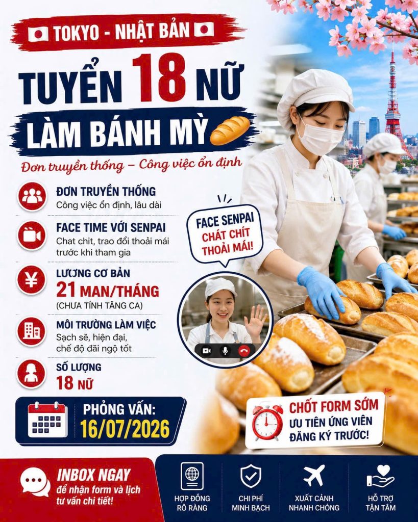 Tuyển 18 Nữ Chế Biến Thực Phẩm, Bánh Mỳ Tại Tokyo Phỏng Vấn Ngày 16/07